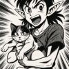 三毛猫を抱えながら元気に叫ぶエルフ。白黒の少年マンガ風イラスト / An energetic elf shouting while holding a calico cat, illustrated in dynamic black and white shounen manga style