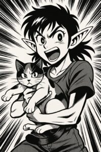 三毛猫を抱えながら元気に叫ぶエルフ。白黒の少年マンガ風イラスト / An energetic elf shouting while holding a calico cat, illustrated in dynamic black and white shounen manga style