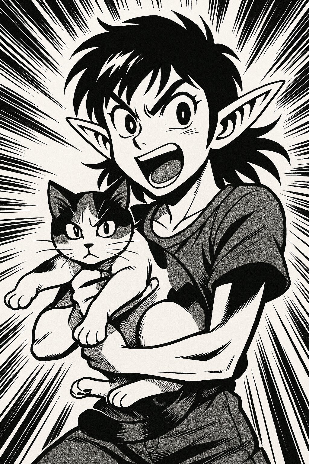 三毛猫を抱えながら元気に叫ぶエルフ。白黒の少年マンガ風イラスト / An energetic elf shouting while holding a calico cat, illustrated in dynamic black and white shounen manga style