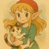 三毛猫を優しく抱きしめるエルフの女の子。絵本風の温かみのあるイラストスタイル / An elf girl gently holding a calico cat, illustrated in a warm and soft children's book illustration style