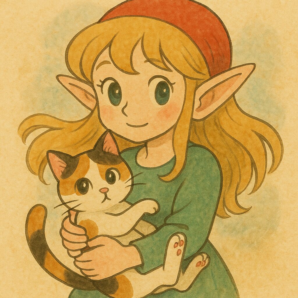 三毛猫を優しく抱きしめるエルフの女の子。絵本風の温かみのあるイラストスタイル / An elf girl gently holding a calico cat, illustrated in a warm and soft children's book illustration style