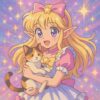 魔法少女風の衣装を着たエルフの女の子が三毛猫を抱きしめている、きらめく背景のかわいらしいアニメ風イラスト / Cute magical girl anime style illustration of an elf girl in a frilly costume hugging a calico cat with a sparkling background