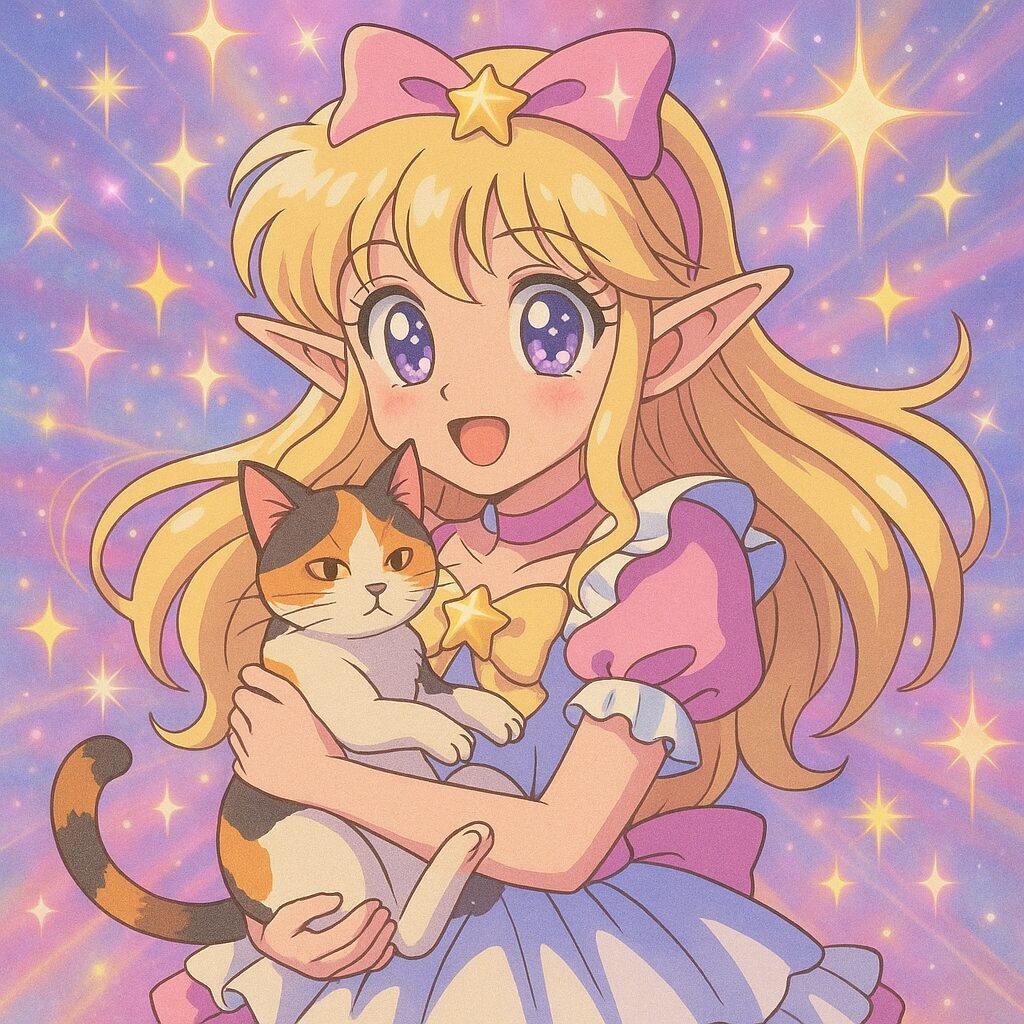 魔法少女風の衣装を着たエルフの女の子が三毛猫を抱きしめている、きらめく背景のかわいらしいアニメ風イラスト / Cute magical girl anime style illustration of an elf girl in a frilly costume hugging a calico cat with a sparkling background