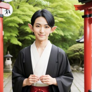 エルフ耳の少年が黒と赤の和服を着て鳥居の前で微笑んでいる
A boy with elf ears smiling in a black and red kimono in front of a torii gate