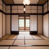 天井照明と障子が美しく調和する、落ち着いた雰囲気の伝統的な畳の和室 Traditional tatami room with soft lighting and shoji screens creating a calm atmosphere