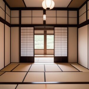 天井照明と障子が美しく調和する、落ち着いた雰囲気の伝統的な畳の和室 Traditional tatami room with soft lighting and shoji screens creating a calm atmosphere