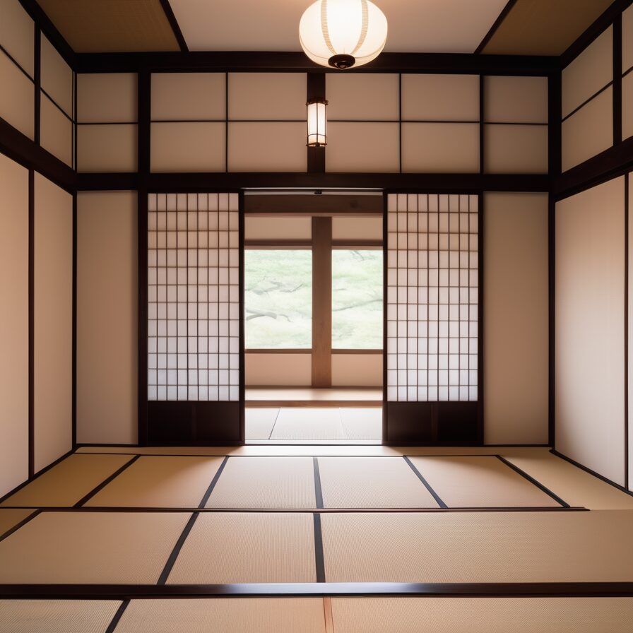 天井照明と障子が美しく調和する、落ち着いた雰囲気の伝統的な畳の和室 Traditional tatami room with soft lighting and shoji screens creating a calm atmosphere