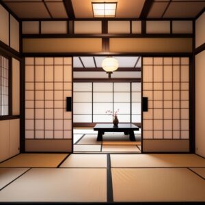 床の間に掛け軸と花瓶が飾られた格式ある和室、正面に障子と畳が整然と配置されている Elegant Japanese tatami room with a tokonoma alcove, hanging scroll, and neatly aligned shoji screens