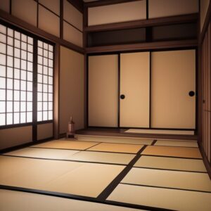 引き戸と障子が並ぶシンプルな畳部屋、柔らかな自然光が差し込む空間 Simple tatami room with sliding doors and shoji, softly lit by natural sunlight