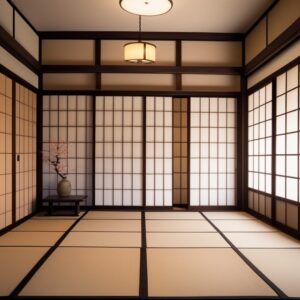 花瓶をアクセントにした広めの和室、障子越しに柔らかな光が広がる畳の空間 Spacious tatami room with a decorative vase and gentle light filtering through shoji screens
