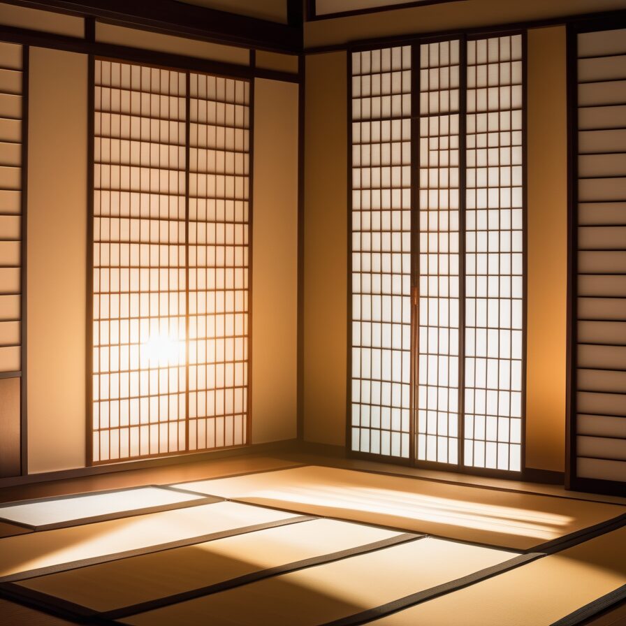 朝の柔らかな光が障子越しに差し込み、畳の上に美しい影を落とす和室 Soft morning light filtering through shoji casts graceful shadows on tatami in a Japanese room