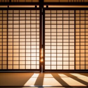 夕暮れの光が縦格子の障子を通して射し込み、温もりある空間を演出 Warm evening sunlight streams through lattice shoji, creating a serene and inviting room