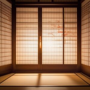 障子に包まれた空間にまっすぐ光が差し込み、畳に明暗の模様を描く静謐な和室 Straight sunlight pours through shoji, painting light and shadow patterns on the tatami in a tranquil room