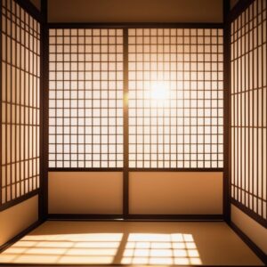 障子越しに見える太陽がまぶしく、畳に幻想的な光のグラデーションを映し出す Radiant sunlight through shoji creates a magical gradient of light on the tatami floor