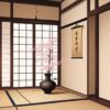 掛け軸と黒い花瓶が静かに調和する、伝統的な和の趣が漂う床の間 Traditional tokonoma alcove with a hanging scroll and a black vase creating a serene harmony
