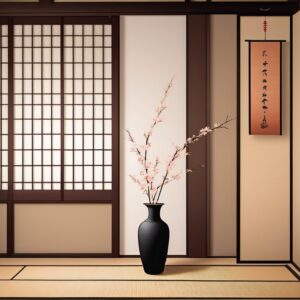 障子に囲まれた床の間に梅の枝を活けた黒花瓶と書の掛け軸が美しく配置されている Elegant tokonoma with a calligraphy scroll and a black vase holding plum blossoms framed by shoji