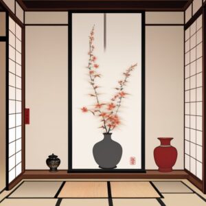 白壁に掛けられた掛け軸と黒と赤の花瓶が調和する、ミニマルで品のある床の間 Minimal and refined tokonoma with a scroll on a white wall and balanced arrangement of black and red vases