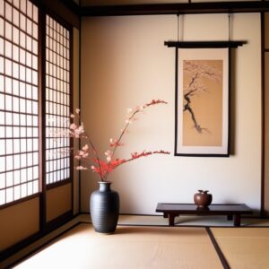 生け花と墨絵の掛け軸が飾られた落ち着いた和室の床の間、光が障子越しに優しく差し込む Calm Japanese tokonoma with an ikebana arrangement and ink painting scroll softly lit through shoji screens