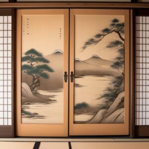 松と山が描かれたふすまが美しく並ぶ、伝統的な和室の仕切り Traditional Japanese room with sliding fusuma doors featuring painted pines and mountains