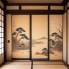 淡い風景画が描かれたふすまが、畳の間を優雅に仕切っている Elegant fusuma with soft landscape paintings dividing a tatami room with grace