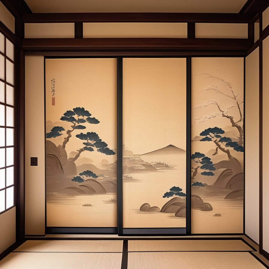 淡い風景画が描かれたふすまが、畳の間を優雅に仕切っている Elegant fusuma with soft landscape paintings dividing a tatami room with grace