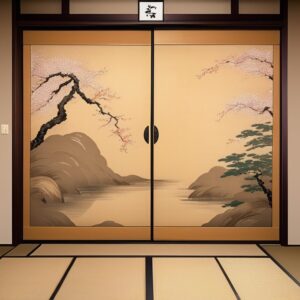 桜と山並みの絵が施されたふすまが印象的な、和の趣あふれる空間 Striking fusuma decorated with cherry blossoms and mountains in a serene Japanese setting