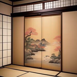 紅葉の描かれたふすまが和室を彩る、風情ある日本の伝統的な間仕切り Fusuma adorned with autumn foliage painting adding charm to a traditional Japanese room