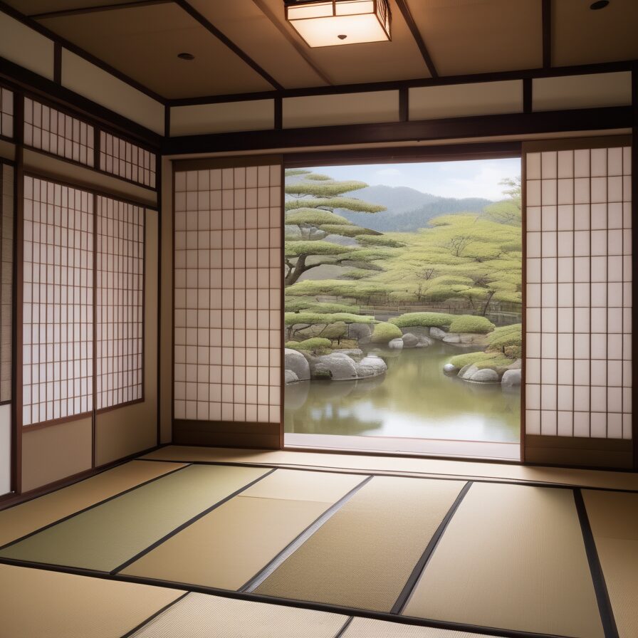 障子の奥に縁側と池を望む、静寂に包まれた畳の和室 Tatami room with shoji doors opening to a veranda and tranquil pond view