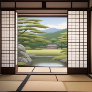 自然豊かな庭が見える縁側付きの和室、障子が両側に配された設え Traditional Japanese room with veranda and shoji flanking a scenic garden view