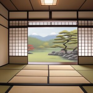 山並みと松が見える庭園を望む明るい和室、畳が整然と敷かれている Bright tatami room with a view of pines and mountains beyond the garden veranda