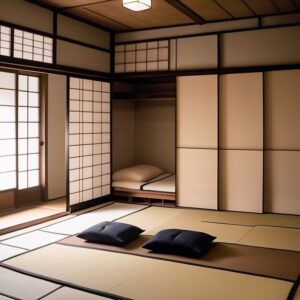 障子越しの光が差し込む和室、押入れに布団が収納された落ち着いた空間 Serene Japanese tatami room with natural light and futons stored in a built-in closet
