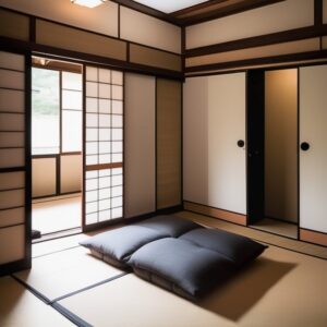 畳の上に座布団が置かれたシンプルな和室、壁際にはふすま付きの押入れ Simple tatami room with floor cushions and a built-in oshiire closet with sliding doors