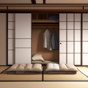 押入れに座布団と上着が収納された整然とした和室、障子が空間に柔らかさを添える Orderly Japanese room with zabuton and clothing stored in an oshiire, softened by gentle shoji screens