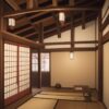 露出した梁と木のぬくもりが際立つ和室、障子から柔らかい光が差し込む Japanese room with exposed wooden beams and soft light streaming through shoji screens