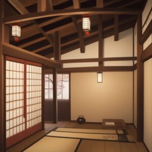 露出した梁と木のぬくもりが際立つ和室、障子から柔らかい光が差し込む Japanese room with exposed wooden beams and soft light streaming through shoji screens