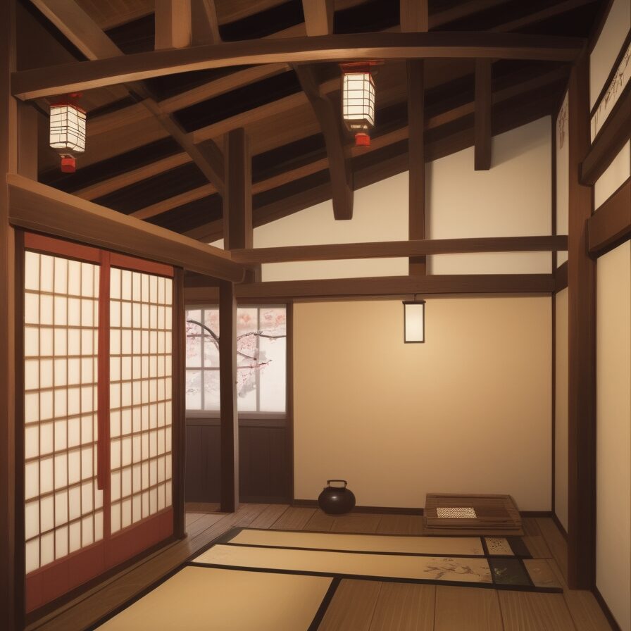 露出した梁と木のぬくもりが際立つ和室、障子から柔らかい光が差し込む Japanese room with exposed wooden beams and soft light streaming through shoji screens