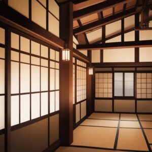 高い天井と梁が特徴的な広々とした和室、伝統と開放感が融合した空間 Spacious Japanese room featuring high ceilings and exposed beams blending tradition and openness