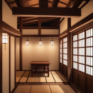 美しく組まれた梁が印象的な天井、壁に囲まれた落ち着きのある和室 Tranquil Japanese room with finely crafted wooden beams and a warm, enclosed atmosphere