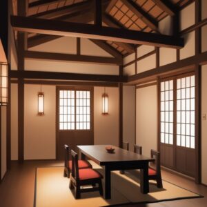 梁のある天井と和風照明が調和する、机と椅子が置かれたモダンな和室 Modern Japanese-style room with wooden beams, traditional lighting, and a dining table set