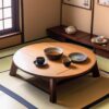 畳の上に置かれたちゃぶ台に茶碗が並ぶ、静かな雰囲気の和室 Quiet Japanese room with a chabudai (low table) and teacups arranged on tatami