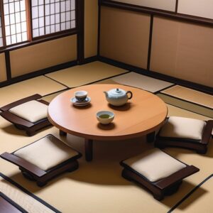 座布団が囲む円形のちゃぶ台が中央に置かれた、温もりある団らんの空間 Warm, inviting space with a round chabudai surrounded by floor cushions on tatami