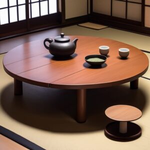 茶器が並ぶシンプルで品のあるちゃぶ台が和室の中心に据えられている Elegant chabudai with tea utensils placed neatly in the center of a minimalist Japanese room