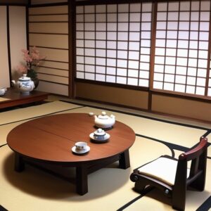 障子越しの光に包まれた和室に、花瓶と茶器を置いたちゃぶ台が映える Chabudai with a vase and teacups illuminated by soft light through shoji in a Japanese room