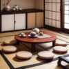 座布団を囲むように配置されたちゃぶ台に茶器が並ぶ、伝統的な団らんの空間 Traditional Japanese gathering space with a chabudai surrounded by zabuton and tea utensils