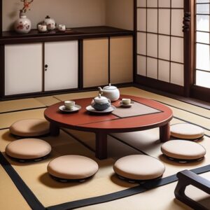 座布団を囲むように配置されたちゃぶ台に茶器が並ぶ、伝統的な団らんの空間 Traditional Japanese gathering space with a chabudai surrounded by zabuton and tea utensils
