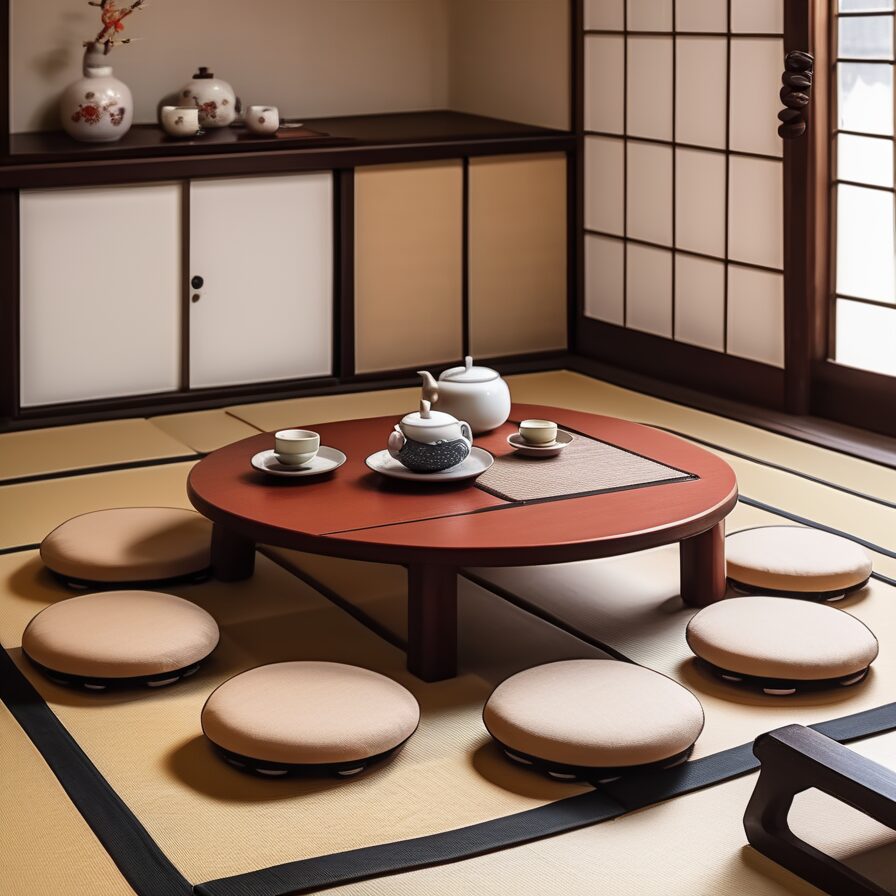 座布団を囲むように配置されたちゃぶ台に茶器が並ぶ、伝統的な団らんの空間 Traditional Japanese gathering space with a chabudai surrounded by zabuton and tea utensils