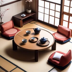 背もたれ付き座椅子とちゃぶ台が並ぶ明るい和室、落ち着いたくつろぎのひととき Bright Japanese room with a chabudai and floor chairs offering a relaxed and cozy setting
