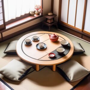 障子の光に包まれた和室に、家族団らんを感じさせるちゃぶ台と座布団の配置 Chabudai and zabuton arranged for family bonding in a softly lit Japanese room with shoji screens
