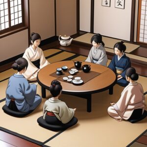 家族がちゃぶ台を囲んで座る、和やかな雰囲気の昭和風団らんシーン Warm Showa-style family scene with members sitting around a chabudai in a Japanese room