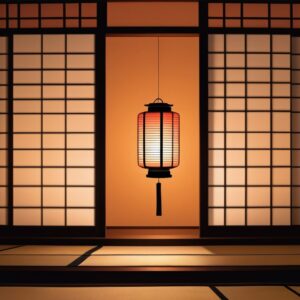 障子の前に灯る行灯がやわらかな光を放つ、静寂に包まれた夜の和室 Traditional Japanese room at night with a softly glowing andon lantern in front of shoji screens